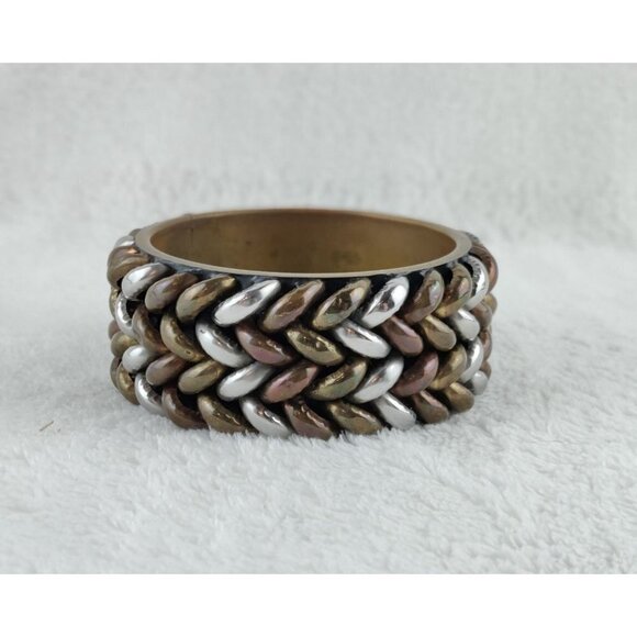 Vintage Brass Bracelet Bangle Three Metal Colors Brass Silver Copper Braid Jewel - Picture 2 of 9